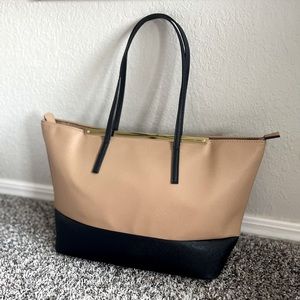 ALDO Women’s Modern Work Zipper Tote Bag/Large Purse - Beige and Black with Gold